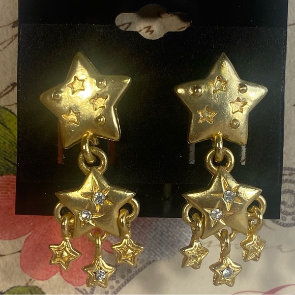 Vintage Star Shaped Earrings Gold Star Dangle Design with Rhinestone Accents - Picture 1 of 4